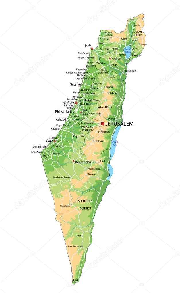 High detailed Israel physical map with labeling.