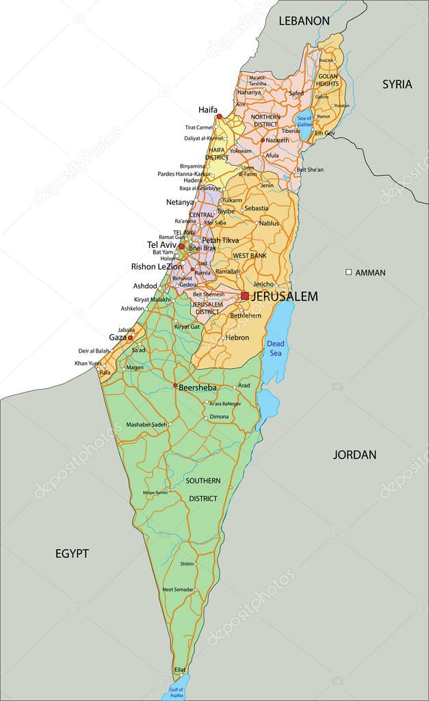 Israel - Highly detailed, editable political map with labeling.