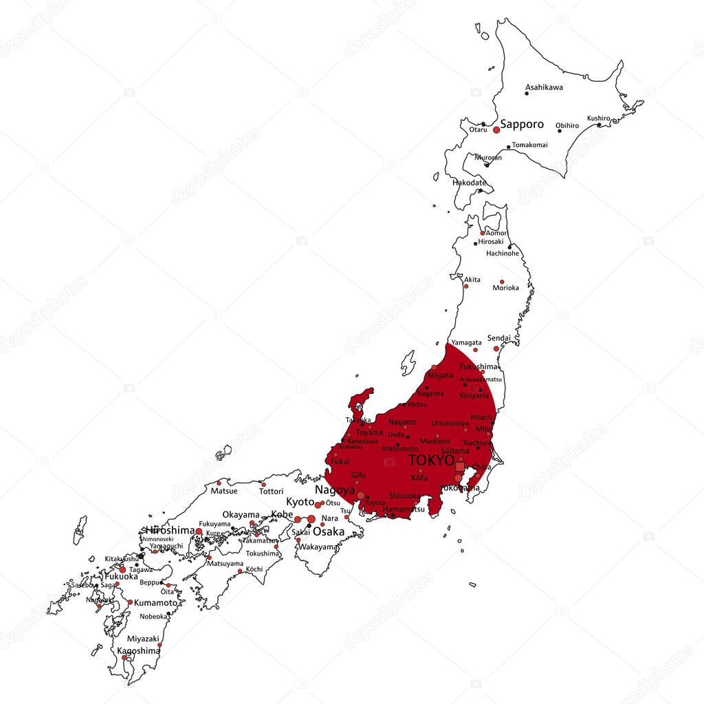 Japan highly detailed political map with national flag isolated on white background.