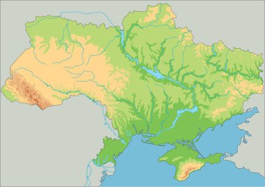 Yüksek detaylı Ukrayna fiziksel haritası.