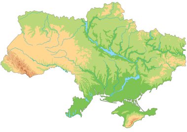 Yüksek detaylı Ukrayna fiziksel haritası.