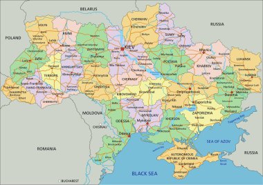 Ukrayna - Etiketli son derece ayrıntılı düzenlenebilir siyasi harita.
