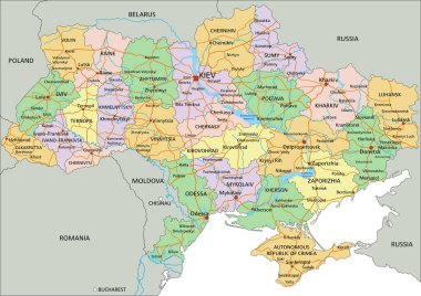 Ukrayna - Etiketli son derece ayrıntılı düzenlenebilir siyasi harita.