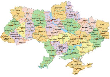 Ukrayna - Etiketli son derece ayrıntılı düzenlenebilir siyasi harita.