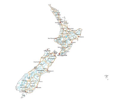 Etiketli yüksek detaylı Yeni Zelanda yol haritası.