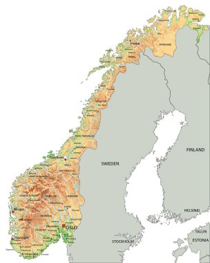 Etiketleme ile yüksek detaylı Norveç fiziksel haritası.