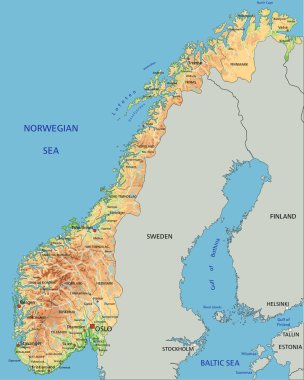 Etiketleme ile yüksek detaylı Norveç fiziksel haritası.