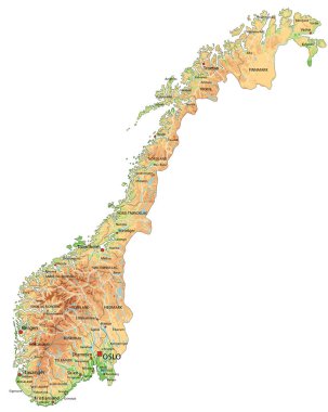 Etiketleme ile yüksek detaylı Norveç fiziksel haritası.