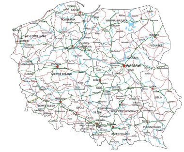 Polonya yol ve otoyol haritası. Vektör illüstrasyonu.