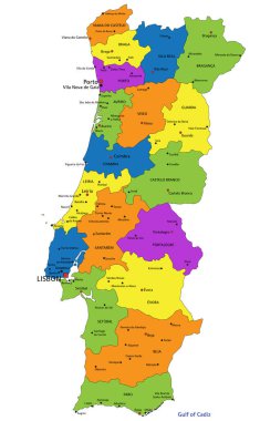 Açık bir şekilde etiketlenmiş, ayrık katmanlı renkli Portekiz siyasi haritası. Vektör illüstrasyonu.