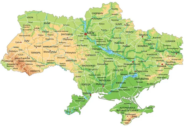 Carte Physique Détaillée Ukraine Avec Étiquetage — Image vectorielle