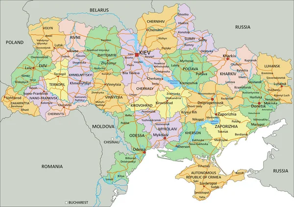 ウクライナ ラベル付きの非常に詳細な編集可能な政治地図 — ストックベクタ