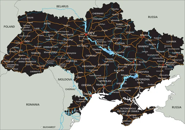 Alta Hoja Ruta Detallada Ucrania Con Etiquetado — Archivo Imágenes Vectoriales