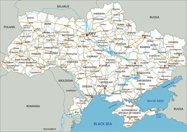 Hoge Gedetailleerde Oekraïne Routekaart Met Etikettering — Stockvector