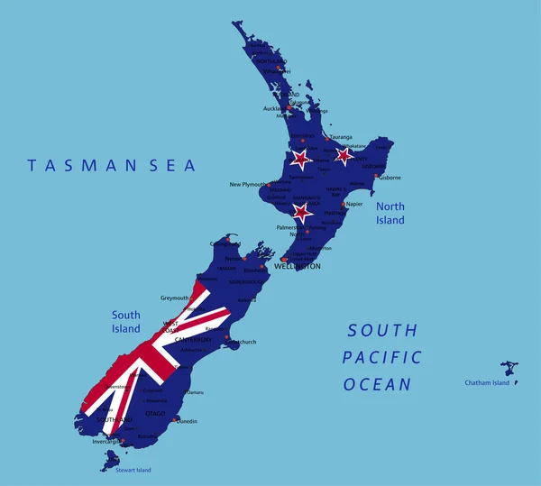 Nuova Zelanda Mappa Politica Molto Dettagliata Con Bandiera Nazionale Isolata — Vettoriale Stock