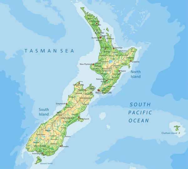 Alta Mappa Fisica Dettagliata Della Nuova Zelanda Con Etichettatura — Vettoriale Stock