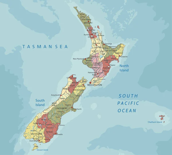 Detaillierte Politische Landkarte Neuseelands — Stockvektor