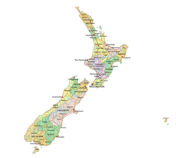 Nueva Zelanda Mapa Político Editable Altamente Detallado Con Etiquetado — Archivo Imágenes Vectoriales