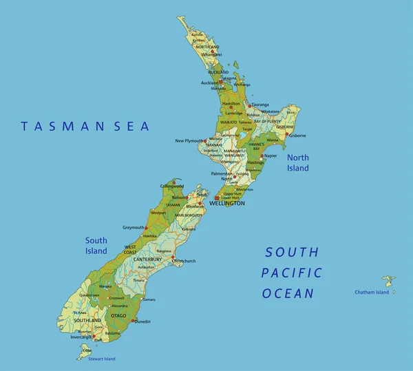 Bardzo Szczegółowa Edytowalna Mapa Polityczna Oddzielnymi Warstwami Nowa Zelandia — Wektor stockowy
