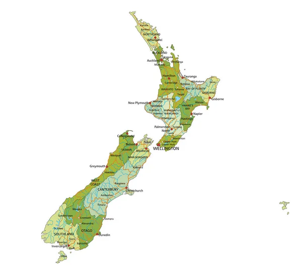 Εξαιρετικά Λεπτομερής Επεξεργάσιμος Πολιτικός Χάρτης Ξεχωριστά Στρώματα Νέα Ζηλανδία — Διανυσματικό Αρχείο