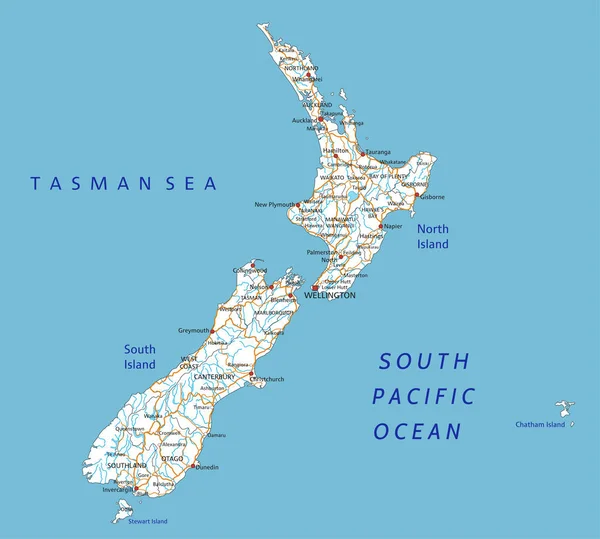Mappa Stradale Dettagliata Della Nuova Zelanda Con Etichettatura — Vettoriale Stock