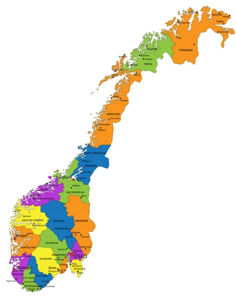 Bunte Politische Landkarte Norwegens Mit Klar Beschrifteten Voneinander Abgegrenzten Ebenen — Stockvektor