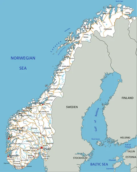 挪威高度详细的路线图 附有标签 — 图库矢量图片