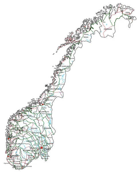 Carte Routière Routière Norvège Illustration Vectorielle — Image vectorielle
