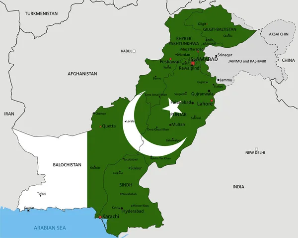 パキスタンの詳細な政治地図と国旗は白地に隔離されている — ストックベクタ