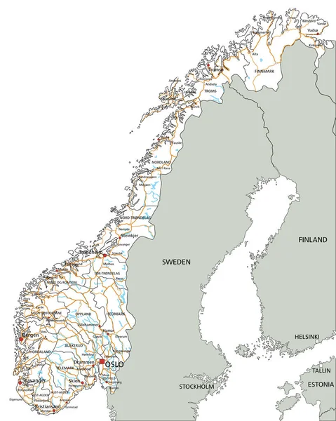 挪威高度详细的路线图 附有标签 — 图库矢量图片