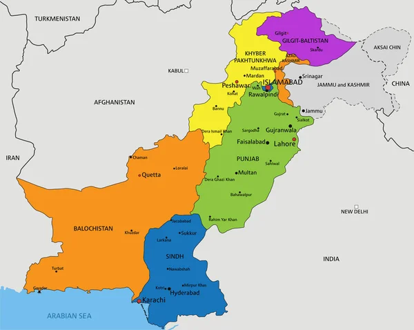 Carte Politique Pakistanaise Colorée Avec Des Couches Clairement Identifiées Séparées — Image vectorielle