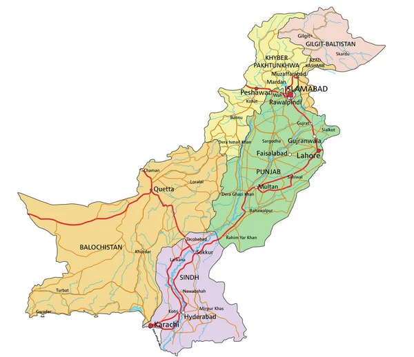 Пакистан Подробная Редактируемая Политическая Карта Маркировкой — стоковый вектор