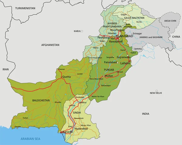 Zeer Gedetailleerde Bewerkbare Politieke Kaart Met Gescheiden Lagen Pakistan — Stockvector