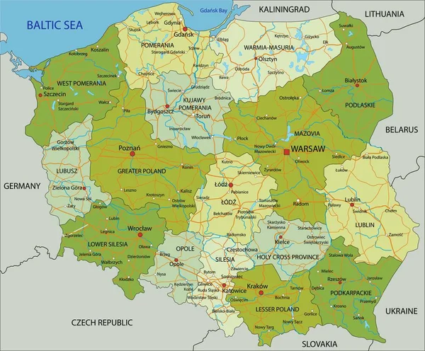 Высоко Детализированная Редактируемая Политическая Карта Разделенными Слоями Польша — стоковый вектор
