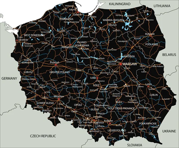Etiketli Yüksek Detaylı Polonya Yol Haritası — Stok Vektör