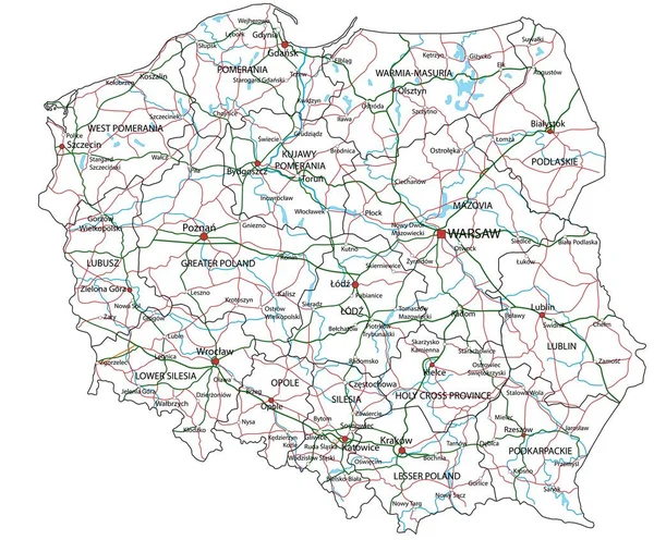 Polonia Mapa Carreteras Carreteras Ilustración Vectorial — Vector de stock