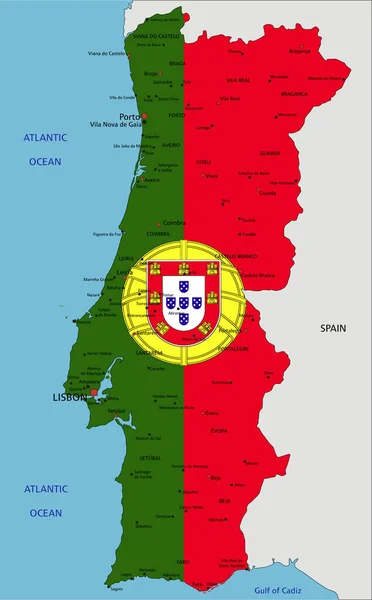 Portugal Mapa Político Muy Detallado Con Bandera Nacional — Vector de stock