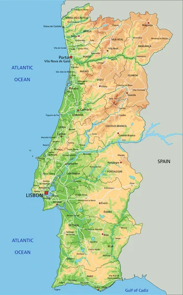 Alto Mapa Físico Detallado Portugal Con Etiquetado — Vector de stock
