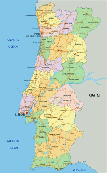 Portugal Mapa Político Editable Altamente Detallado Con Etiquetado — Archivo Imágenes Vectoriales