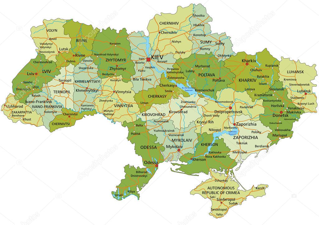 Highly detailed editable political map with separated layers.  Ukraine.