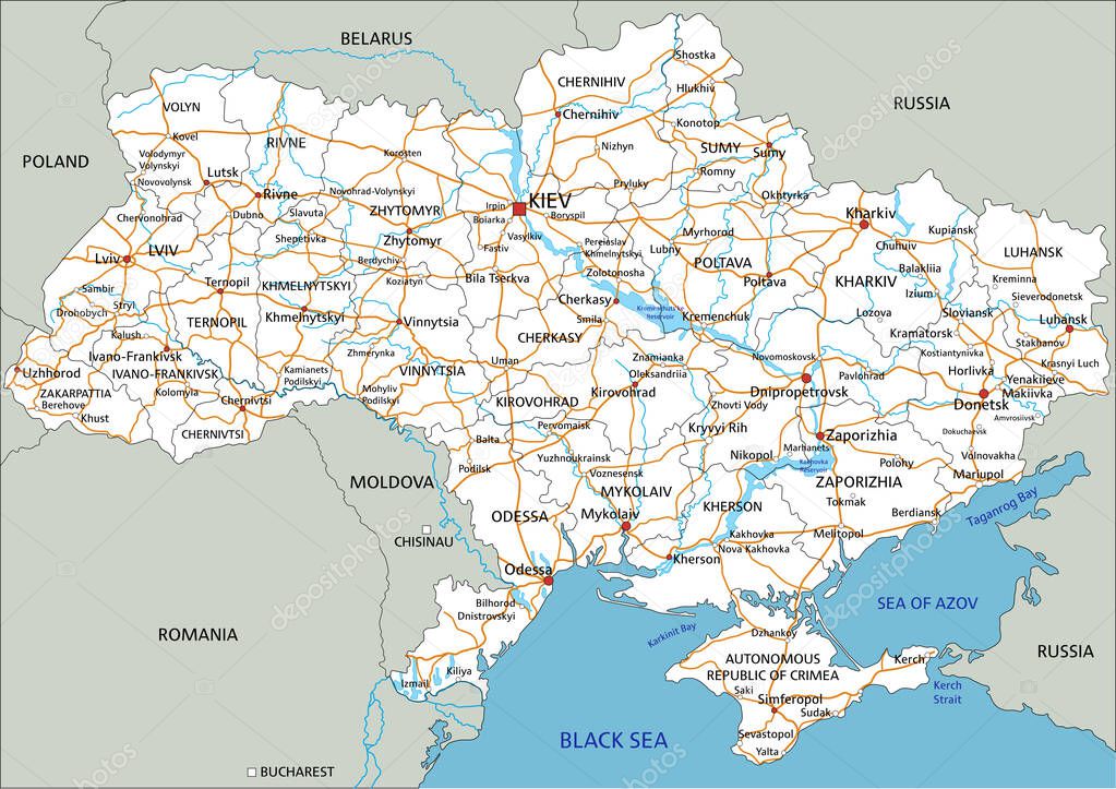 High detailed Ukraine road map with labeling.