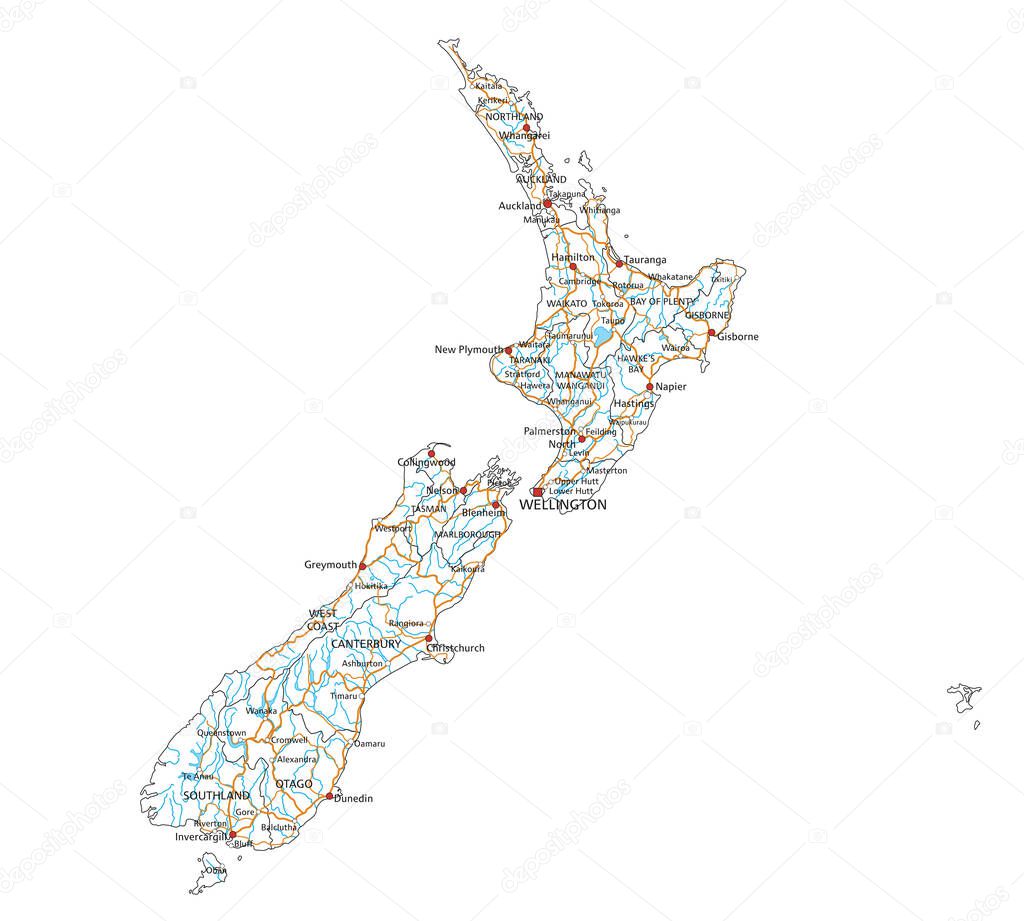 High detailed New Zealand road map with labeling.