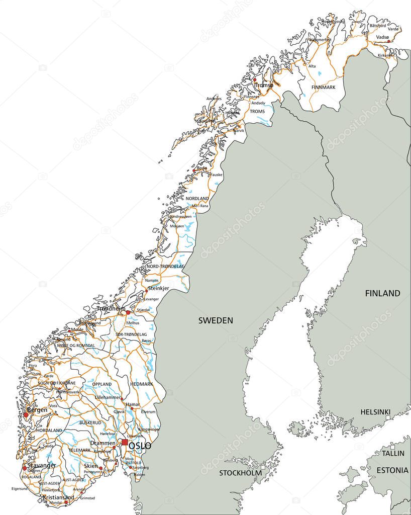 High detailed Norway road map with labeling.