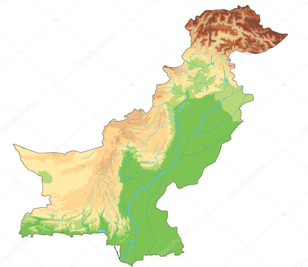 Highly detailed Pakistan physical map.