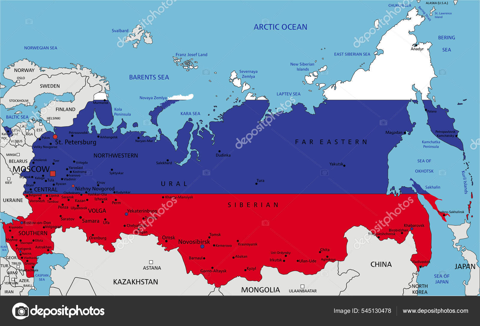 Россия Подробная Политическая Карта Национальным Флагом.