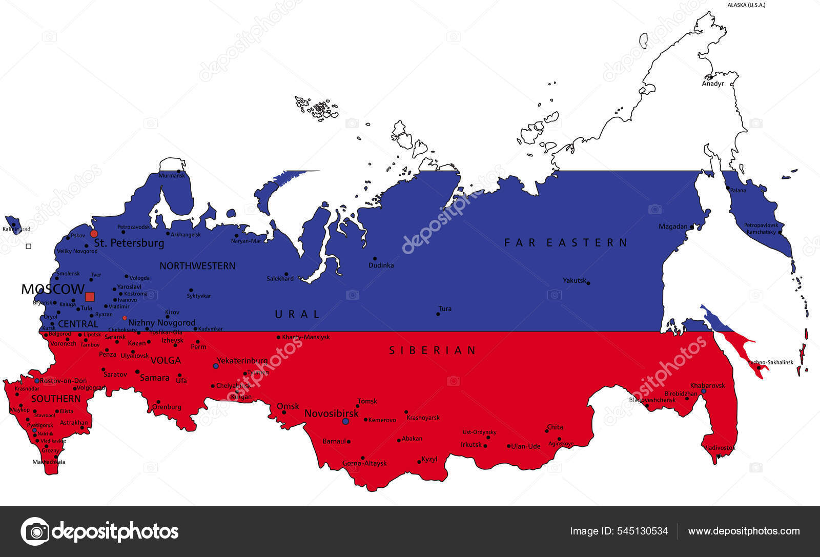 Mapa altamente detalhado da federação russa com capital de bandeira e  pequeno mapa do mundo