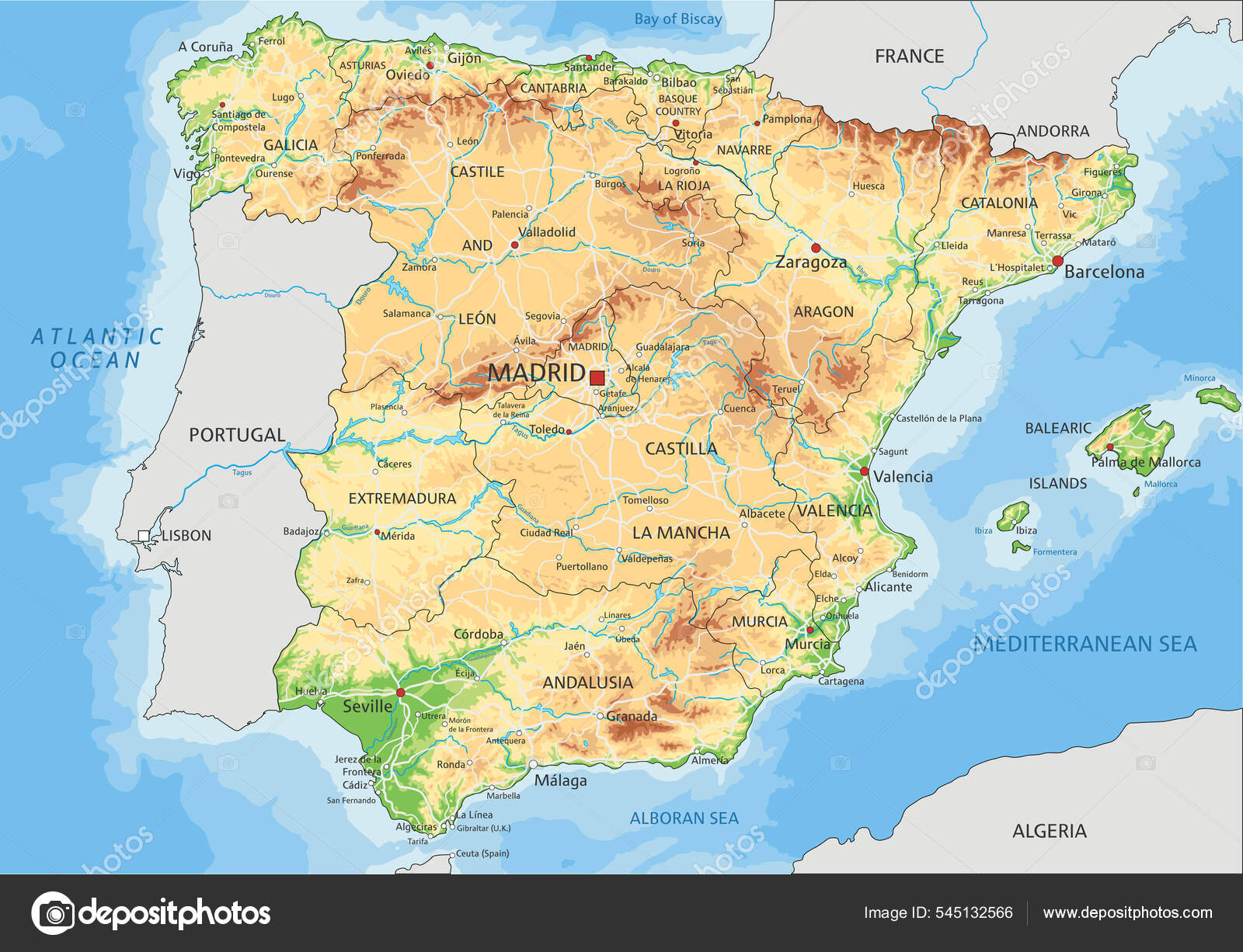 Mapa Físico De Espanha E Portugal De Alta Resolução Ilustração