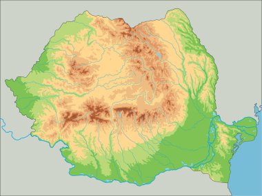 Romanya 'nın yüksek ayrıntılı fiziksel haritası.