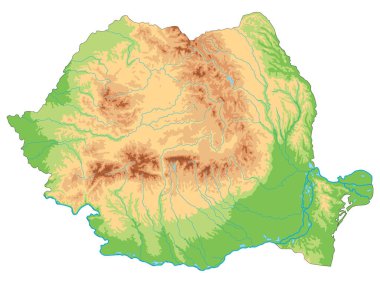 Romanya 'nın yüksek ayrıntılı fiziksel haritası.