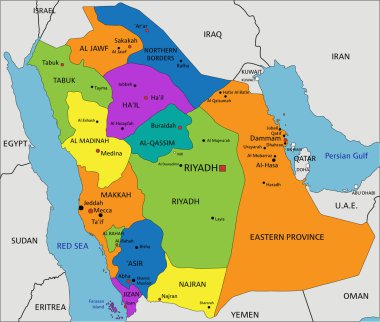 Renkli Suudi Arabistan siyasi haritası açık bir şekilde etiketlenmiş, ayrılmış katmanlarla. Vektör illüstrasyonu.